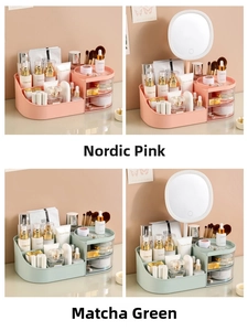 Desktop-Kosmetik-Aufbewahrungsbox mit Schubladen und Spiegel in Pink und Grün