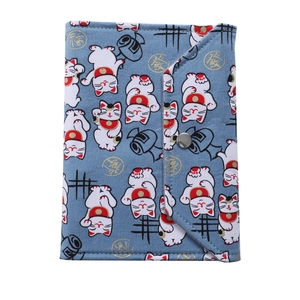 Japanese style blue fabric money saving binder with Maneki-neko patterns and metal snap