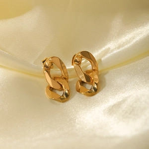 Minimalist 18K gold plated titanium irregular geometric chain earrings on beige silk
