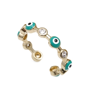 Adjustable gold ring featuring turquoise evil eye enamel charms and sparkling zircons