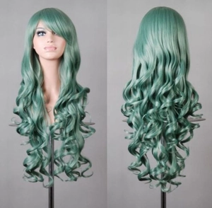 Front and back view of long curly green cosplay wig on head model with grey background