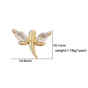 Detailed size view of dragonfly stud earring with marquise cubic zirconia 14.6mm width