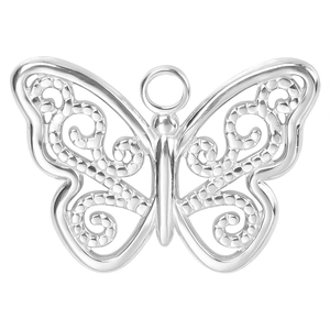 Detailed view of stainless steel butterfly pendant with intricate hollow filigree design