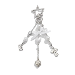 Silver keychain featuring strawberry, star, and heart charms with a white silk ribbon bow