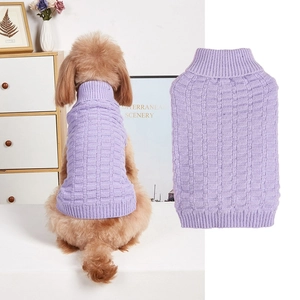 Detail of lavender knit pet sweater showing a textured grid pattern and high turtleneck design