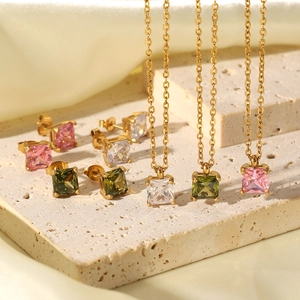 Exquisite 18K gold stainless steel jewelry set with square zircon studs and necklaces