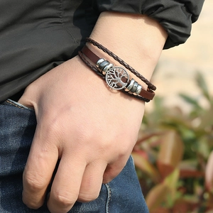 Men's retro multilayer brown braided leather bracelet with silver tree of life charm