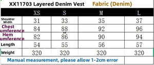 Gedetailleerde maattabel voor de denim gilet en rechte spijkerbroek met hoge taille set