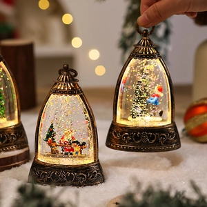 Macro detail of bronze Christmas lantern featuring a warm glowing Santa Claus scene