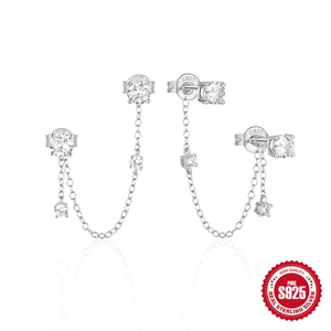 Minimalist 925 sterling silver chain earrings with cubic zirconia stones on white background