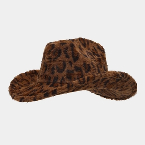 Detailed view of the leopard print faux fur texture on a brown western cowboy hat