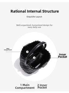 Top view of woven bucket bag interior showing spacious main pocket and inner zipper pouch