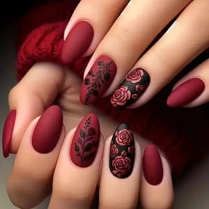 Matte press-on nails with dark red and black floral rose patterns and autumn leaf style