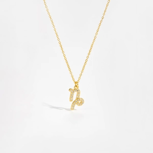 Macro shot of gold Capricorn zodiac pendant with micro-set zircons on silver chain