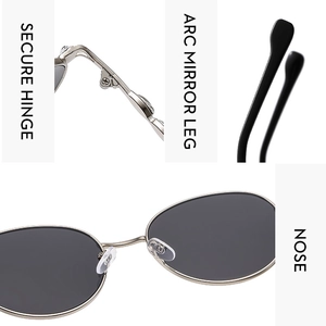 Detailed close-up of metal sunglasses showing secure hinge and ergonomic curved temples