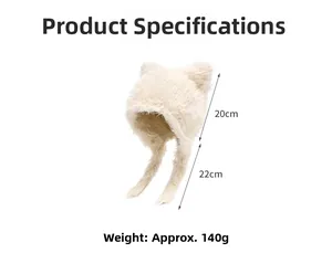 Detail of plush bear ear hat showing 140g weight and 22cm long earflap dimensions