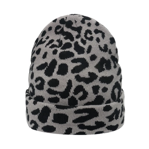 Classic leopard print knit beanie in grey and black with folded brim for women