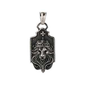 Vintage stainless steel lion head pendant with crown and cross on white background
