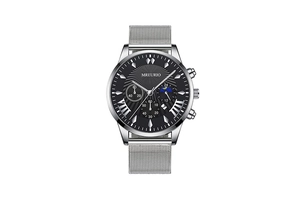 Detail of black sunray dial with triple sub-dials and silver mesh strap on men's watch