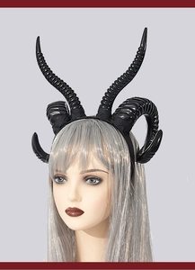Detail view of dark devil sheep horn headband for Halloween or cosplay accessories