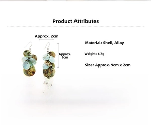 Detail showing 9x2cm bohemian shell drop earrings with material and weight specs