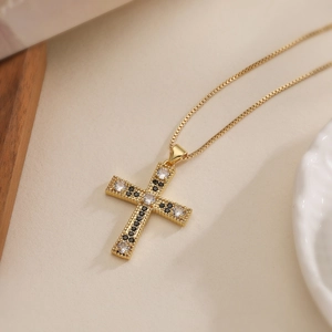 18K gold plated cross pendant necklace with black and white zircon crystals for women