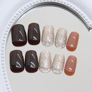 Brown shimmer and pink glossy press-on nails set in short square shape for women