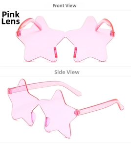 Detailed front and side views of pink rimless star-shaped sunglasses for kids and party use