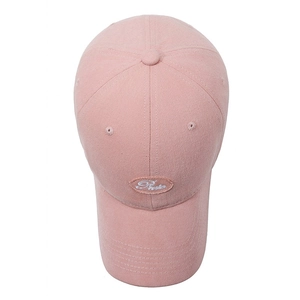 Pink cotton baseball cap with embroidered patch and six-panel structure on white background