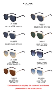 Detailed catalog of ZS-98253 steampunk square sunglasses in eight diverse color options