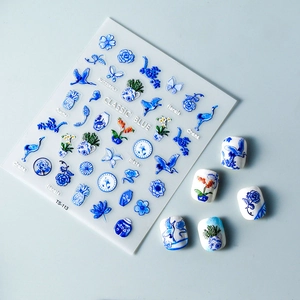 5D embossed Chinese blue and white porcelain nail stickers with crane and floral patterns