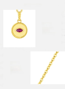 Detail of s925 silver necklace with red marquise zircon and vintage gold pattern
