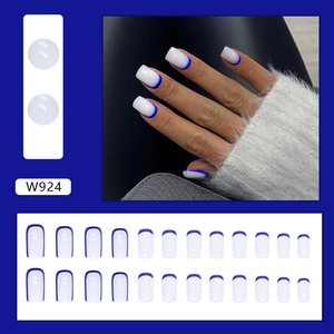 Morandi French white false nails with blue tips and adhesive tabs set, model W924