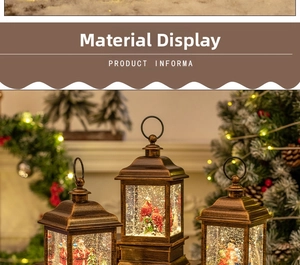Detailed view of bronze Christmas lanterns with glitter snow and holiday scenes