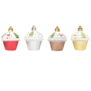 Set of four glossy cupcake-shaped Christmas tree ornaments in red, gold, and silver finishes