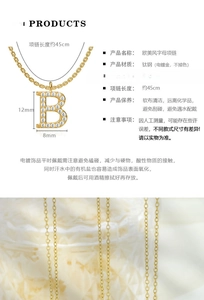 Detail view of gold titanium steel B letter pendant with zircon and 45cm chain dimensions