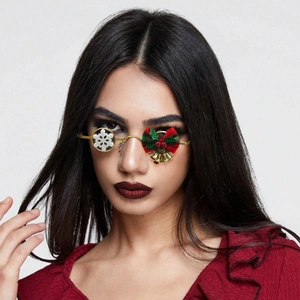Y2K Christmas sunglasses with gold frame, white snowflake and red plaid bow for women