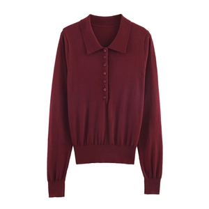 Polo en maille classique bordeaux à manches longues avec patte de boutonnage et bords-côtes