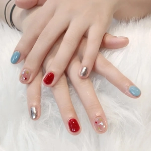 Short Press On Nails Colorful Dot False Nails Glossy Red Blue Silver Square Round Full Cover Daily Wear Artificial For Women