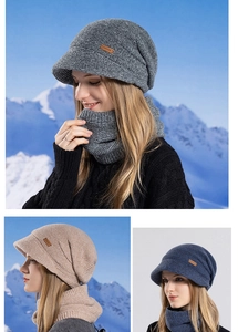 Ensemble bonnet tricoté d'hiver et cache-col avec visière coupe-vent et doublure polaire
