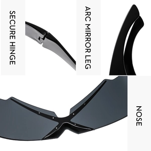 Detail view of secure hinges, arc mirror legs, and ergonomic nose pads of Y2K sunglasses