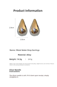 Detailed size specifications for teardrop metal earrings with 2.9cm height and 1.6cm width