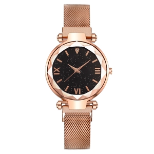 Women Quartz Watch Starry Sky Dial Milanese Mesh Metal Band Magnetic Buckle Faceted Glass Roman Numerals Fashion Elegant