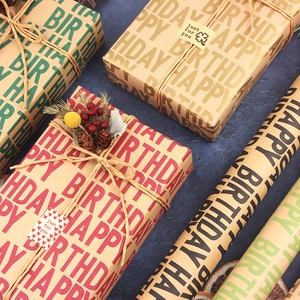 Vintage kraft paper birthday wrapping paper rolls with Happy Birthday text and tags
