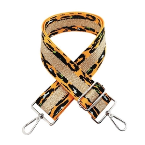 Macro shot of 5cm leopard print wide bag strap with gold threads and silver metal hooks