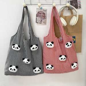 Plaid canvas tote bag with 3D panda plush, minimalist large capacity shoulder shopping bag