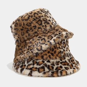 Autumn winter faux fur leopard print bucket hats for women in two different color patterns