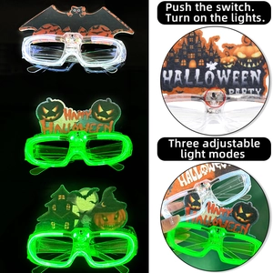 Halloween LED glowing glasses with pumpkin and bat designs featuring 3 lighting modes