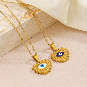 French vintage stainless steel heart evil eye pendant necklace with gold chain