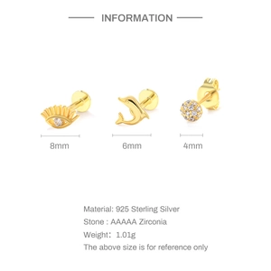 Three-piece gold earring set with 925 silver studs, zircon eye, dolphin, and ball details